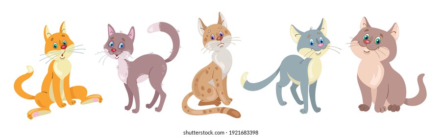 A set of five funny cats in different colors and  poses. In cartoon style. Isolated on white background. Vector flat illustration.