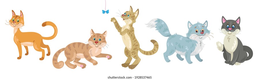 Set of five funny cats in different colors and  in various poses. In cartoon style. Isolated on white background. Vector flat illustration.