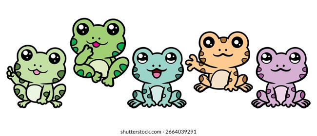 Conjunto de cinco ranas pequeñas divertidas en estilo de dibujos animados sentado y saltando sobre un fondo blanco. Ilustración vectorial.