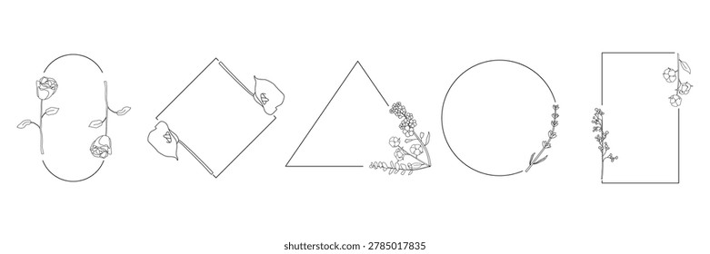 Set of five geometric frames decorated with delicate floral line art, including roses, calla lilies, blossoms, and leaves, elegant minimalist design for invitations, posters, or decorative projects