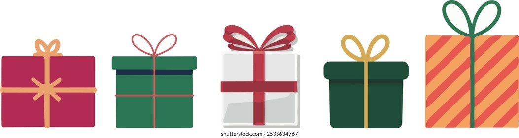 Um conjunto de cinco caixas de presente com fitas coloridas, para padrões de férias, cartões digitais, elementos de web design.
