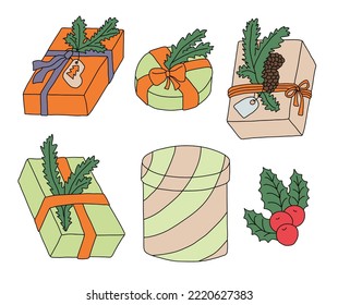 Set of five gift boxes of different colors and berries with holly leaves. Vector illustration on a white background