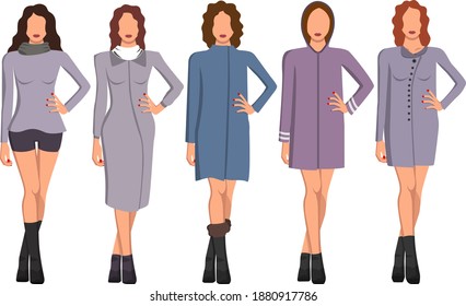 A set of five girls with a good figure in beautiful winter clothes of different styles and colors. Vector illustration.