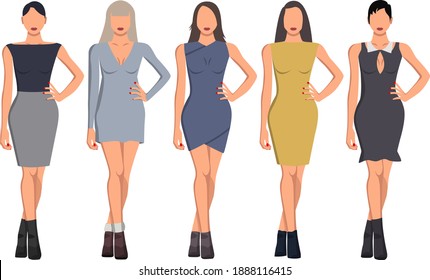 A set of five girls with a good figure in beautiful clothes of different styles and colors. Vector illustration.