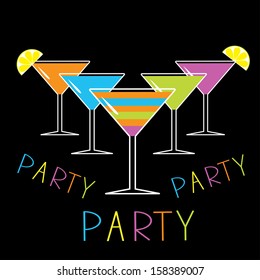 Set of five glasses with different cocktails. Black background. Cocktail party card. Vector illustration