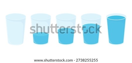Set of five glasses of water with different filling levels from empty to full