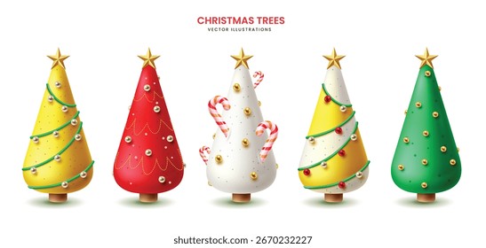 Conjunto de cinco brillantes árboles de Navidad 3D en amarillo, rojo, blanco, oro y verde. Decorado con chucherías, guirnaldas, bastones de caramelo y estrellas doradas. Perfecto para tarjetas de vacaciones, carteles y diseños festivos.