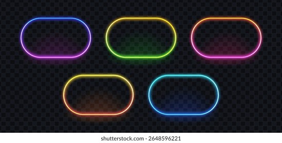 Conjunto de cinco quadros coloridos brilhantes de néon com cantos arredondados. Bright oval luz placa banner design moderno layout.