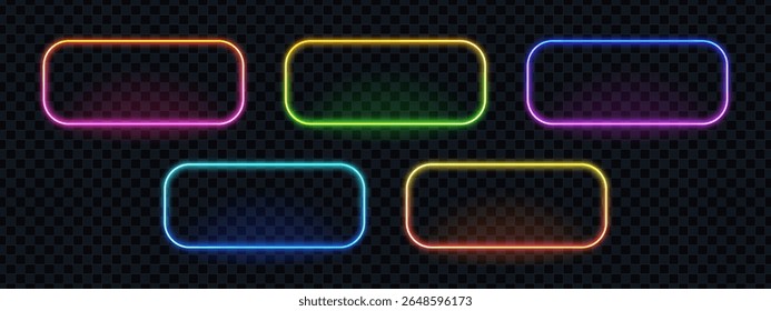 Conjunto de cinco quadros de néon brilhantes com cantos arredondados. Caixas de luz retangulares para texto ou banner. Bordas iridescentes vazias.