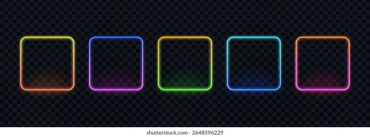 Conjunto de cinco quadros de néon brilhantes com cantos arredondados sobre fundo transparente. Bordas retangulares lineares luminosas coloridas para elementos de design