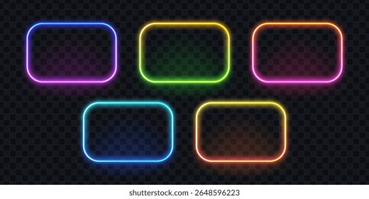 Set of five glowing neon rectangle frames with rounded corners. Colorful light effects for futuristic sign design.