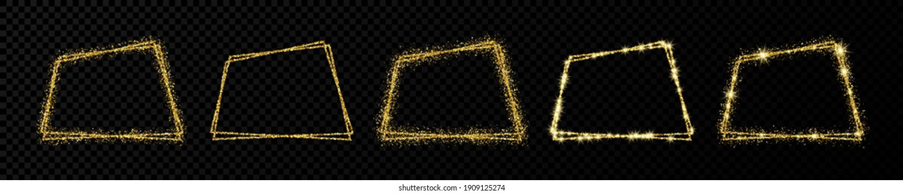 Set of five gold double trapezoid frames. Modern shiny frame with light effects isolated on dark transparent background. Vector illustration.