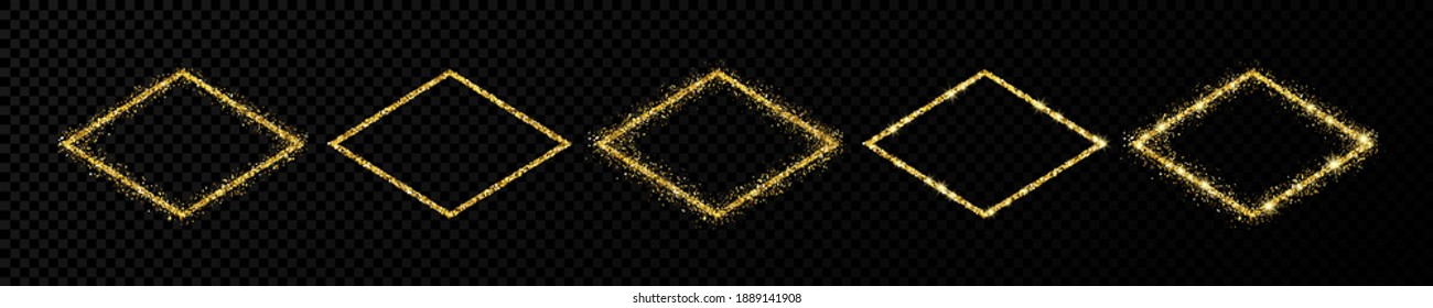 Set of five gold glitter frames. Rhombus frame with shiny sparkles on dark transparent background. Vector illustration