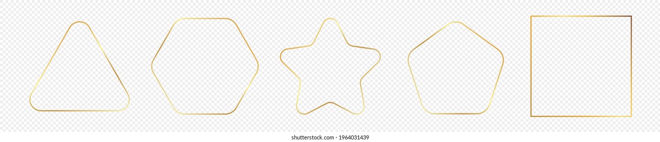 Set of five gold glowing different geometric shape frames isolated on transparent background. Shiny frame with glowing effects. Vector illustration.