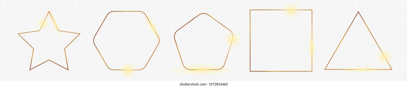 Set of five gold glowing different geometric shape frames isolated on transparent background. Shiny frame with glowing effects. Vector illustration.