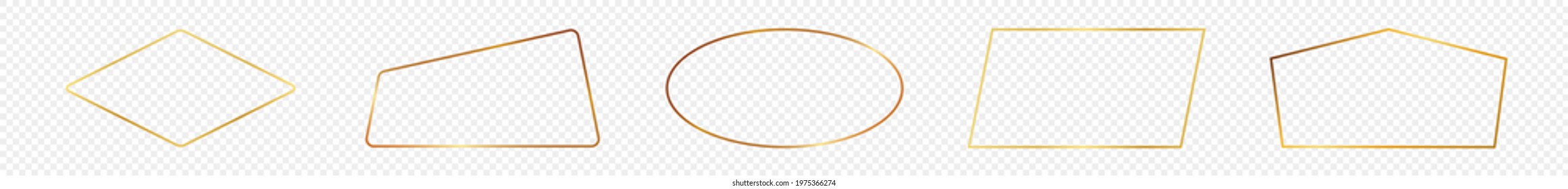 Set of five gold glowing different geometric shape frames isolated on transparent background. Shiny frame with glowing effects. Vector illustration.