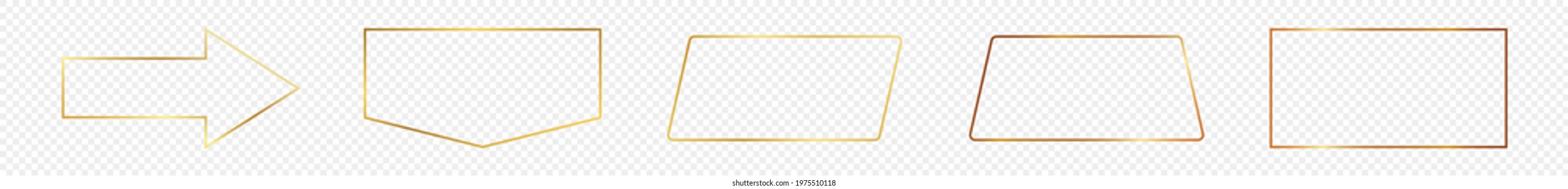 Set of five gold glowing different geometric shape frames isolated on transparent background. Shiny frame with glowing effects. Vector illustration.