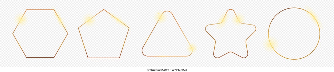 Set of five gold glowing different geometric shape frames isolated on transparent background. Shiny frame with glowing effects. Vector illustration.