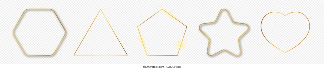 Conjunto de cinco marcos de formas geométricas diferentes de color dorado aislados sobre fondo transparente. Marco brillante con efectos brillantes. Ilustración vectorial.