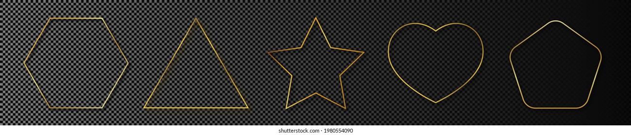 Set of five gold glowing different geometric shape frames isolated on dark transparent background. Shiny frame with glowing effects. Vector illustration.