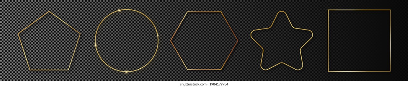 Set of five gold glowing different geometric shape frames isolated on dark transparent background. Shiny frame with glowing effects. Vector illustration.