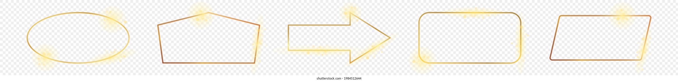 Set of five gold glowing different geometric shape frames isolated on transparent background. Shiny frame with glowing effects. Vector illustration.