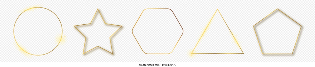 Conjunto de cinco marcos de formas geométricas diferentes de color dorado aislados sobre fondo transparente. Marco brillante con efectos brillantes. Ilustración vectorial.