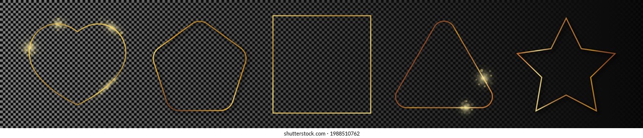 Set of five gold glowing different geometric shape frames isolated on dark transparent background. Shiny frame with glowing effects. Vector illustration