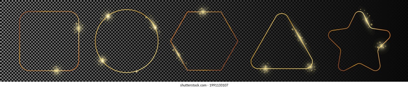 Set of five gold glowing different geometric shape frames isolated on dark transparent background. Shiny frame with glowing effects. Vector illustration.