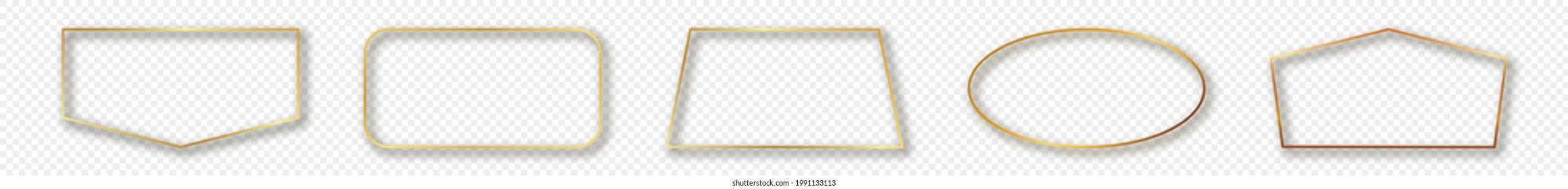 Satz aus fünf Golden, die verschiedene geometrische Gestaltungsrahmen leuchten, einzeln auf transparentem Hintergrund. Leuchtender Rahmen mit leuchtenden Effekten. Vektorgrafik.