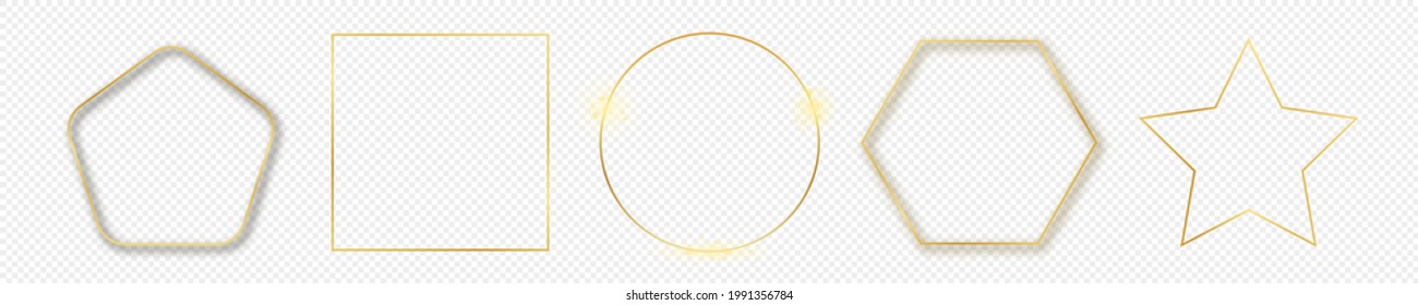 Set of five gold glowing different geometric shape frames isolated on transparent background. Shiny frame with glowing effects. Vector illustration
