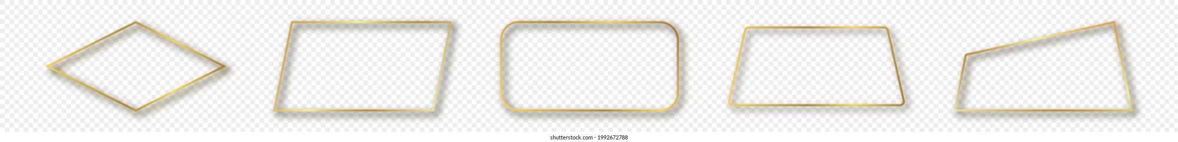 Set of five gold glowing different geometric shape frames isolated on transparent background. Shiny frame with glowing effects. Vector illustration.