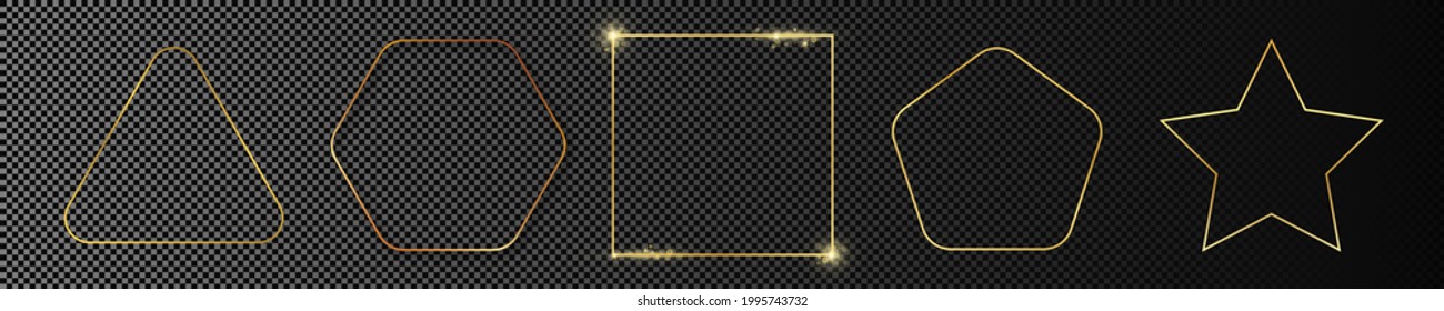 Conjunto de cinco marcos de formas geométricas diferentes de color dorado aislados sobre fondo transparente oscuro. Marco brillante con efectos brillantes. Ilustración del vector