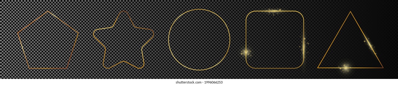 Satz aus fünf Golden, die verschiedene geometrische Gestaltungsrahmen leuchten, einzeln auf dunkeltransparentem Hintergrund. Leuchtender Rahmen mit leuchtenden Effekten. Vektorgrafik