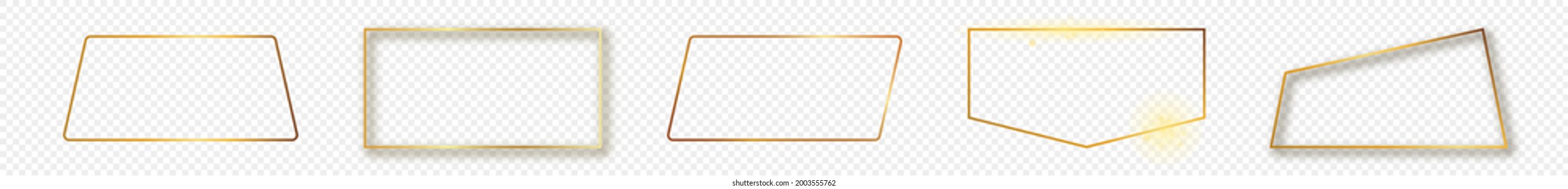 Set of five gold glowing different geometric shape frames isolated on transparent background. Shiny frame with glowing effects. Vector illustration