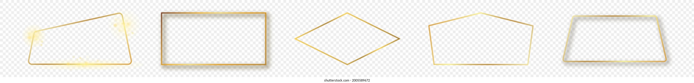 Set of five gold glowing different geometric shape frames isolated on transparent background. Shiny frame with glowing effects. Vector illustration