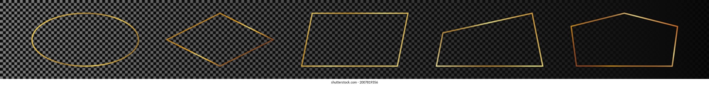 Set of five gold glowing different geometric shape frames isolated on dark transparent background. Shiny frame with glowing effects. Vector illustration.