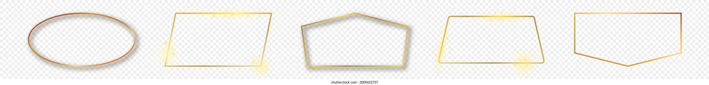 Set of five gold glowing different geometric shape frames isolated on transparent background. Shiny frame with glowing effects. Vector illustration