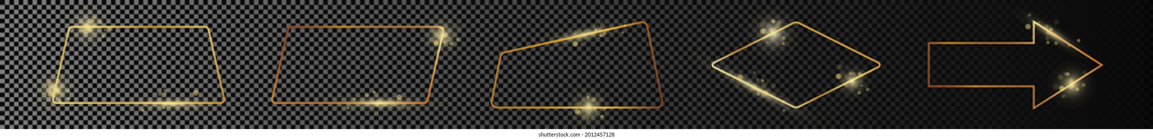 Set of five gold glowing different geometric shape frames isolated on dark transparent background. Shiny frame with glowing effects. Vector illustration