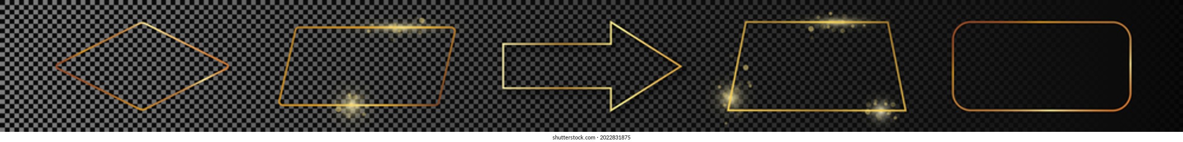 Set of five gold glowing different geometric shape frames isolated on dark transparent background. Shiny frame with glowing effects. Vector illustration