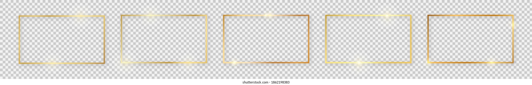 Set of five gold shiny rectangular frames with glowing effects and shadows on transparent background. Vector illustration