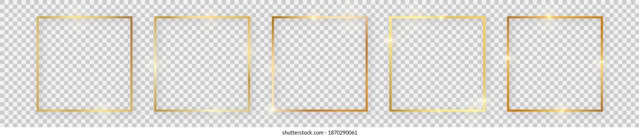 Set of five gold shiny square frames with glowing effects and shadows on transparent background. Vector illustration