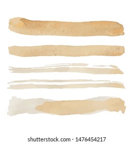Set of Five gold yellow colored vector paintbrush strokes isolated on white background. Hand paint gold brushes lines isolated