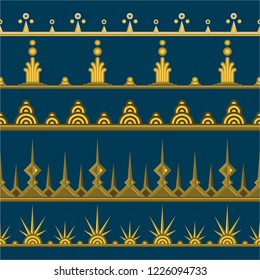 
Set of five golden, bronze and copper patterns on blue background in simplified gothic, baroque modern and classical styles.
