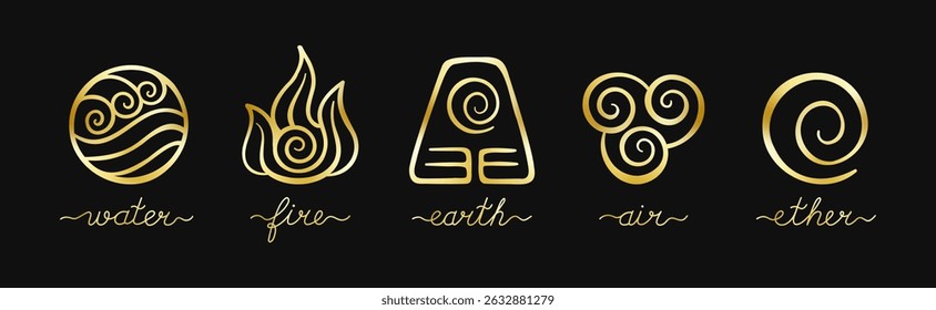 A set of five golden, hand-drawn vector symbols representing the elements - water, fire, earth, air, and ether, against a black background. Ideal for mystical or fantasy-themed projects.
