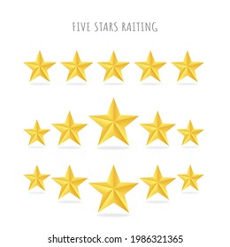 Conjunto de cinco íconos de raitado de estrellas doradas aislados en fondo blanco. 
