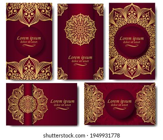 A set of five gorgeous mandala vector patterns. Golden ethnic ornament on burgundy background. Oriental pattern in postcards, labels, posters, invitations, packages. Luxury in your design