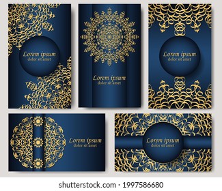 A set of five gorgeous mandala vector patterns. Golden ethnic ornament on blue background. Oriental pattern in postcards, labels, posters, invitations, packages. Luxury in your design