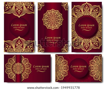 A set of five gorgeous mandala vector patterns. Golden ethnic ornament on burgundy background. Oriental pattern in postcards, labels, posters, invitations, packages. Luxury in your design