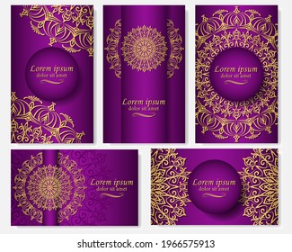 Set von fünf prächtigen violetten Farbverlauf-Hintergründen mit goldener Mandala. Ethnische Verzierung in der Gestaltung von Karten, Cover, Etiketten, Verpackung, Visitenkarten. 